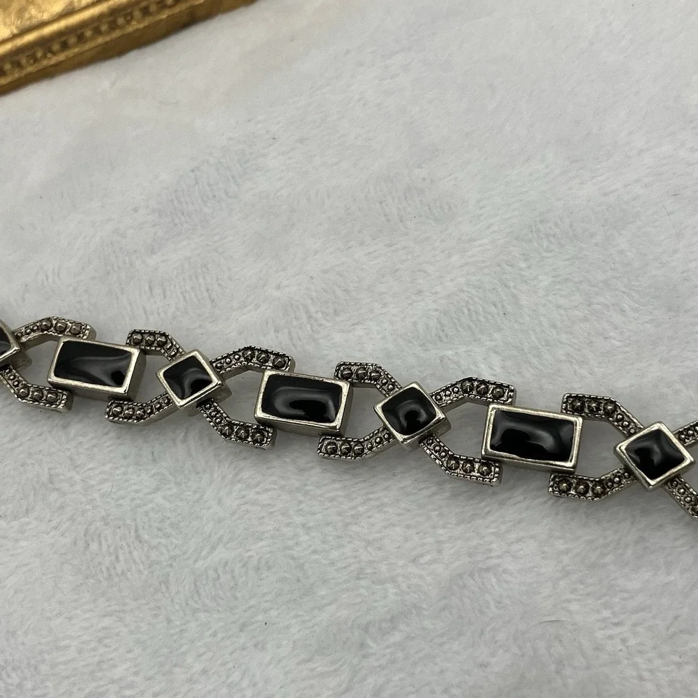 Vtg Silver Tone Art Deco Black Enamel Faux Marcasite Bracelet Great Gatsby Glam